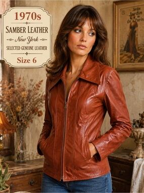 Vintage 1970s Samber Leather Jacket Rust Brown XS/S